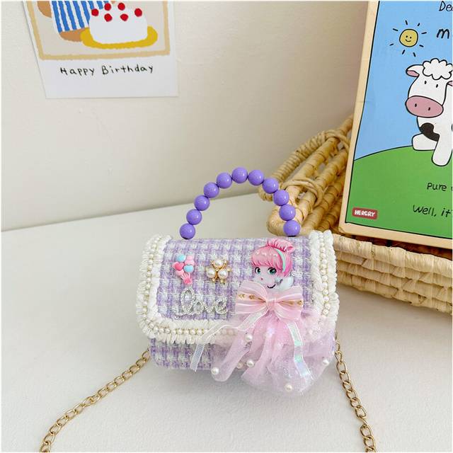 (Purple Houndstooth) Fashionable Little Girl Crossbody Bag Charming Princess Theme With Versatile Breathable Fabric