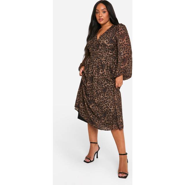 Womens Plus Woven Leopard Milkmaid Midi Skater Dress - 16