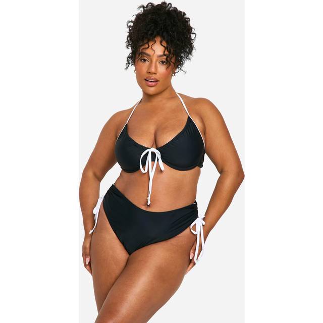 Womens Plus Contrast Tie Ruched Side Bikini Bottom - Black - 22