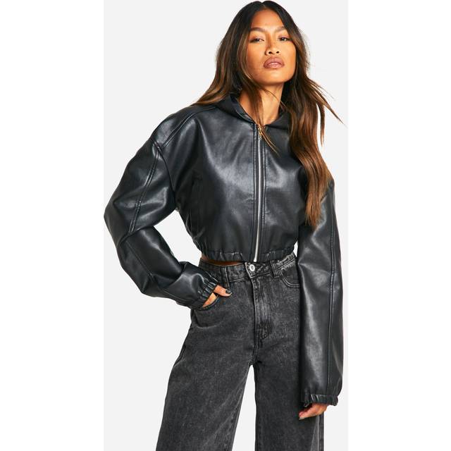 Womens Hooded Faux Leather Bomber Jacket - Black - 12, Black