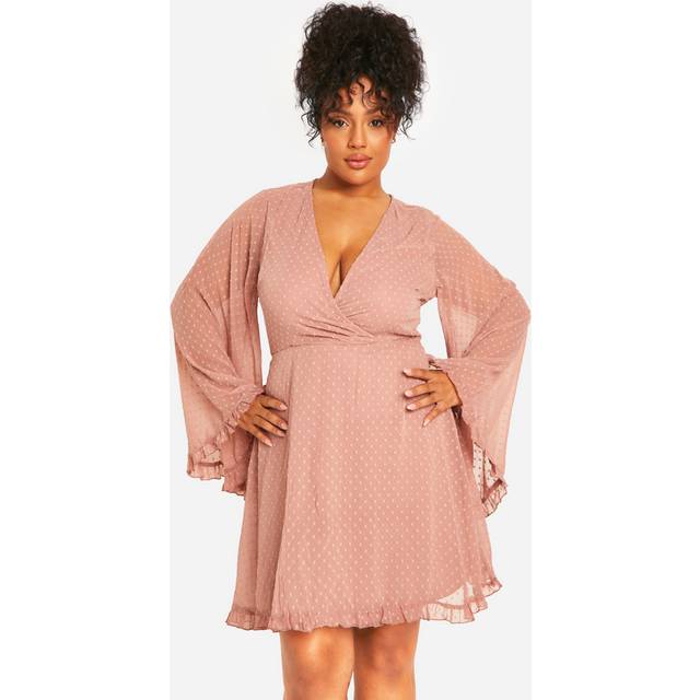 Womens Plus Dobby Chiffon Wide Sleeve Skater Dress - Pink - 28, Pink