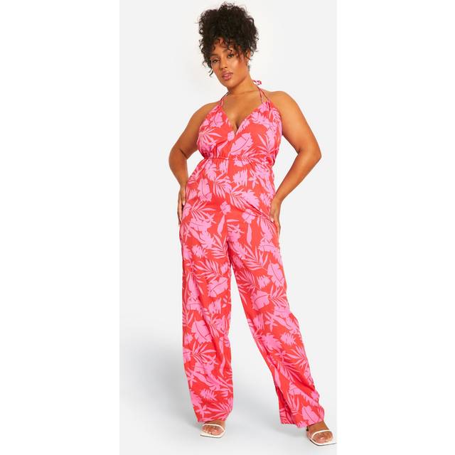 Womens Plus Printed Strappy Jumpsuit - Red - 16