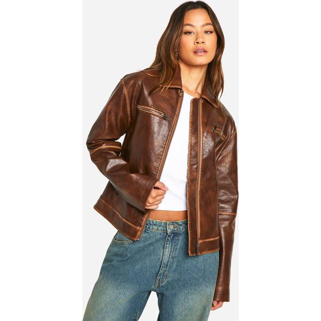 Womens Tall Vintage Look Boyfriend Faux Leather Zip Jacket - Brown - 12, Brown
