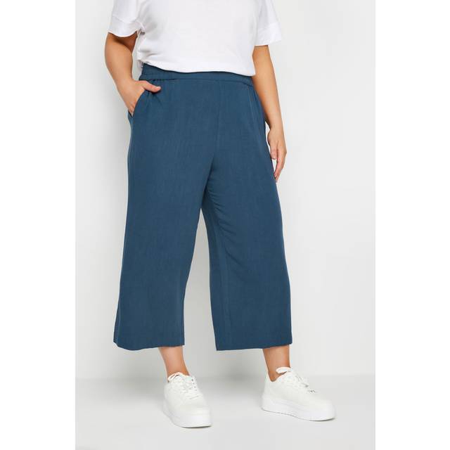 Yours Curve Navy Blue Wide Leg Cropped Linen Trousers, Women's Curve & Plus Size, Yours - 34-36
