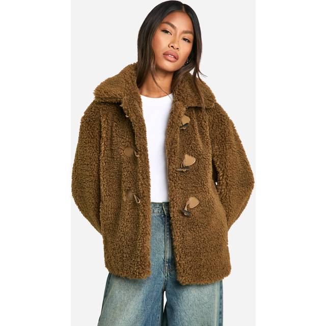 Womens Toggle Detail Teddy Fur Coat - Brown - 14