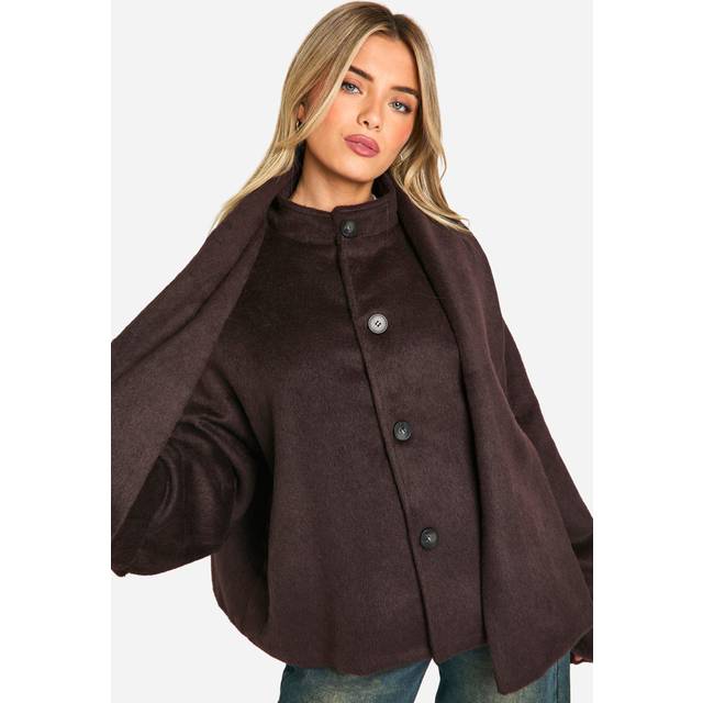 Womens Scarf Wool Look Short Coat - Brown - 14, Brown