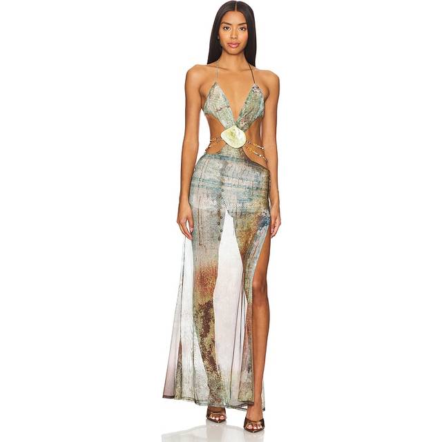 Jaded London Womens Blue Ocean Print Vida Shell-trim Backless Stretch-woven Maxi Dress S