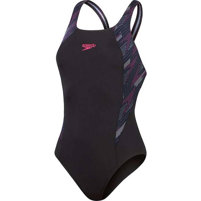 Speedo kvinnors Hyperboom Splice Mucleback baddräkt | Klassisk design | Snabbtorkande | Träning | Fitness | Klorbeständig baddräkt (paket med 1), Svart/elektrisk rosa/USA träkol, 60