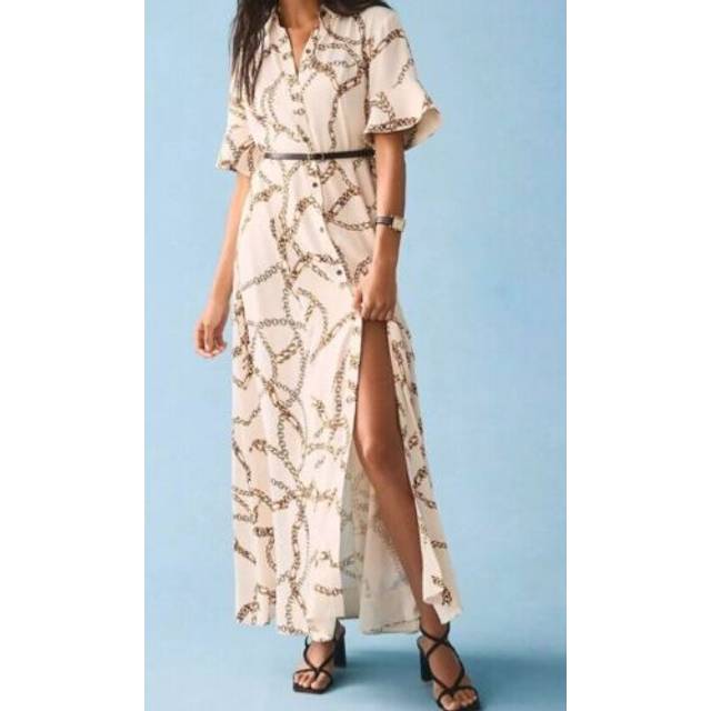 Maeve by anthropologie cream chain printed full shirt dress uk xs