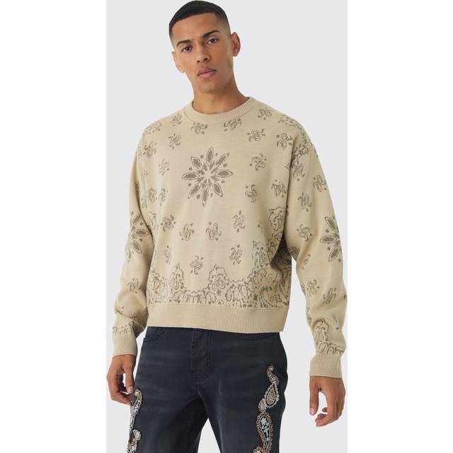 Oversized Boxy Bandana Print Knitted Jumper - Cream - XL