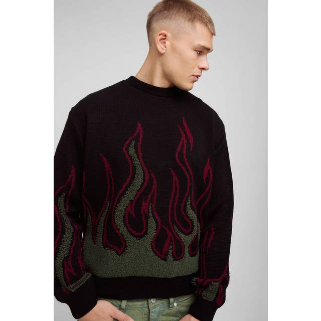 Oversized Boxy Flame Textured Knitted Jumper - Black - M