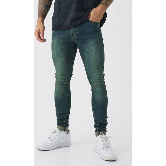 Mens Dark Green Super Skinny Stretch Stacked Green Tinted Jeans