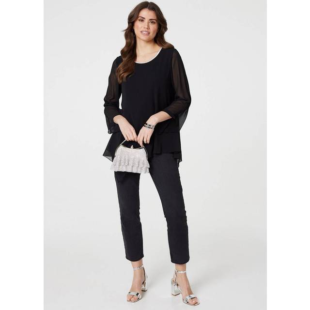 Contrast Stitch Semi Sheer Hanky Hem Top - Black - Size 16 - Izabel London