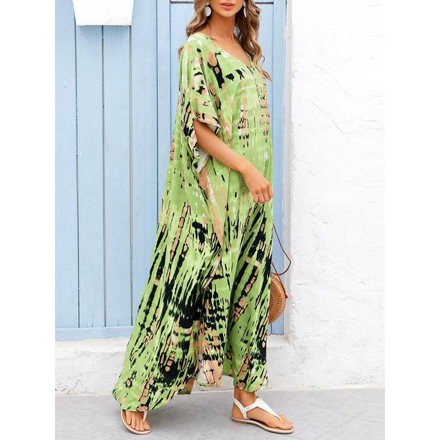 Kvinnor Oversized Maxi Dress Tie Die Tryckt V-hals Beach Robe Cover Ups One Size vit