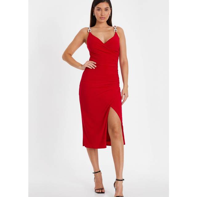 Womens Red Diamante Strap Midi Dress - 8