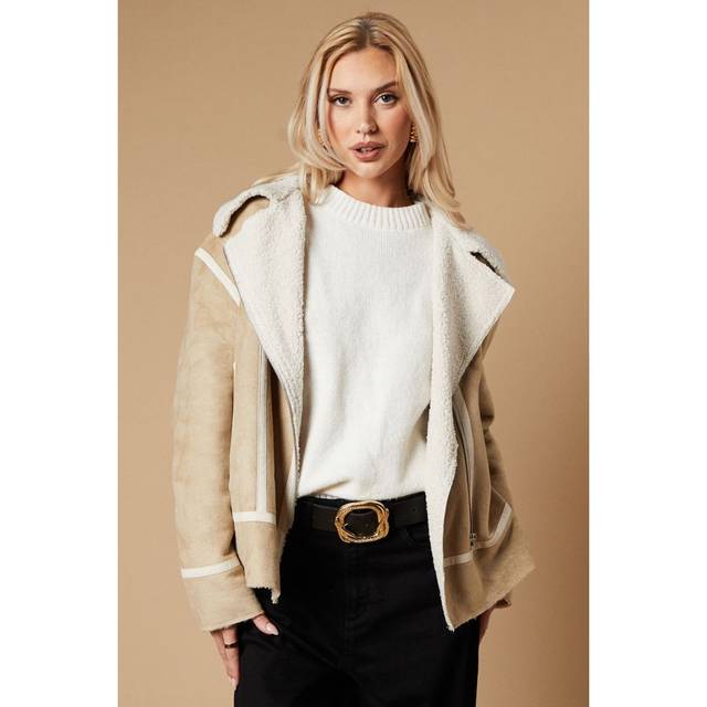 Oasis Womens Zip Detail Suedette Aviator Jacket - Beige - Size 10 UK