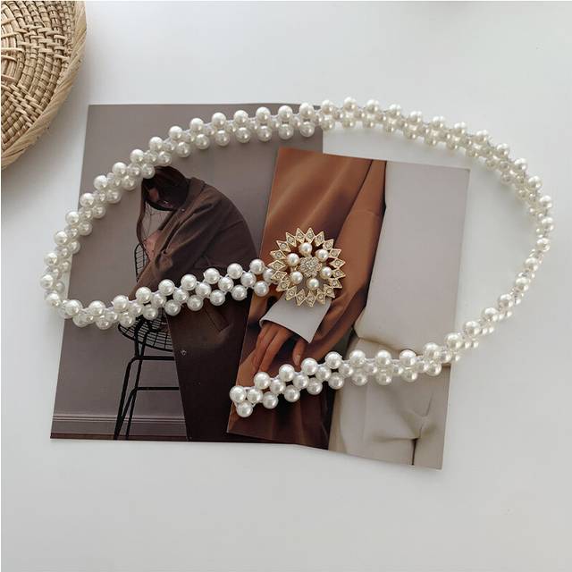 (Six Pearls) Womens Pearl Modern Belt Stylish Elastic Waist Accessory Ideal For Dresses And Sweaters