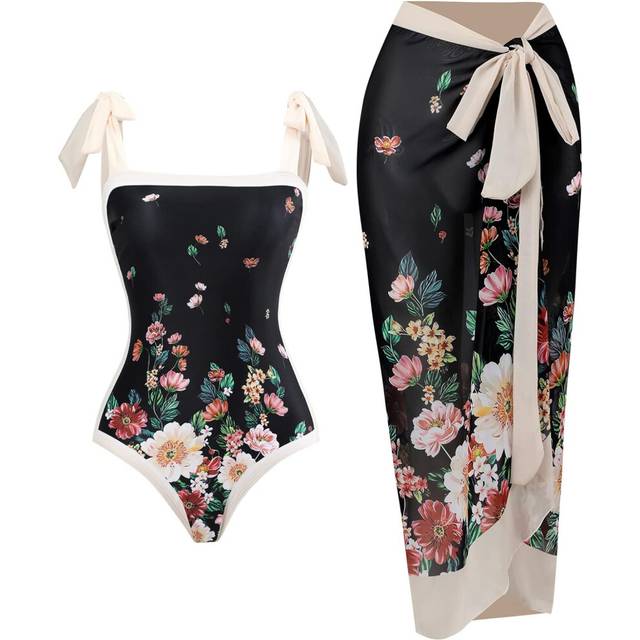 (XL) Women Two Piece Swimsuit V-neck Padded One-piece Monokini with Long Wrap Skirt Sarong Beach Cover Up Beachwear