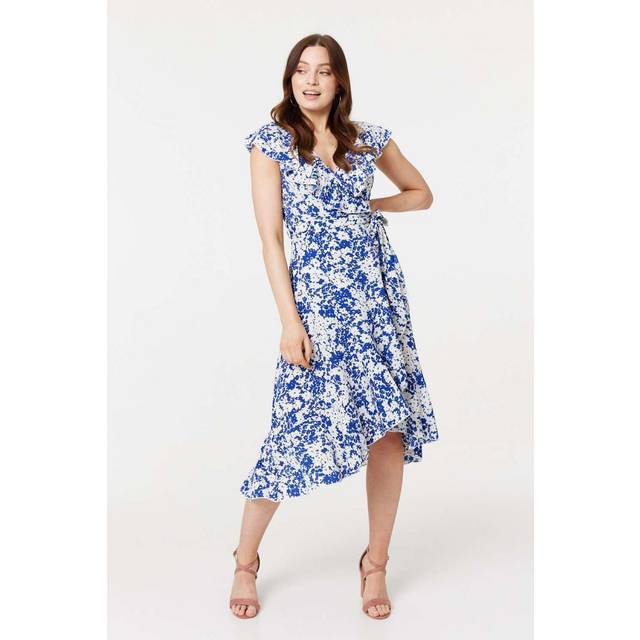 Printed Tie Waist Midi Wrap Dress - Blue - Size 14 - Izabel London