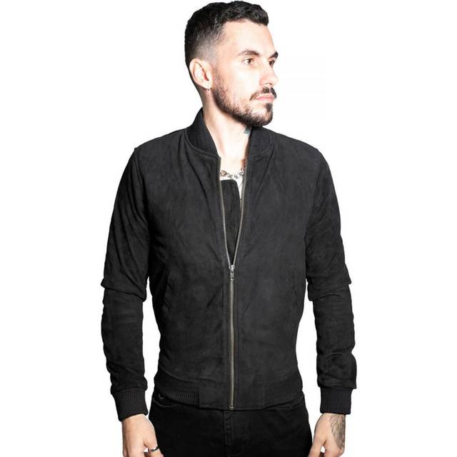 Infinity Leather Mens Retro Goat Suede Varsity Bomber Jacket-Athens - Black - Size Large