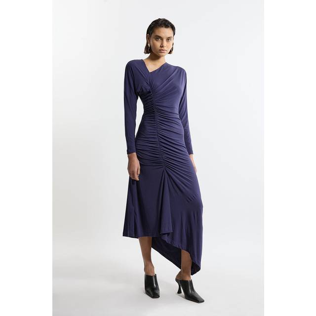 Jersey Crepe Ruched Long Sleeve Maxi Dress - Navy