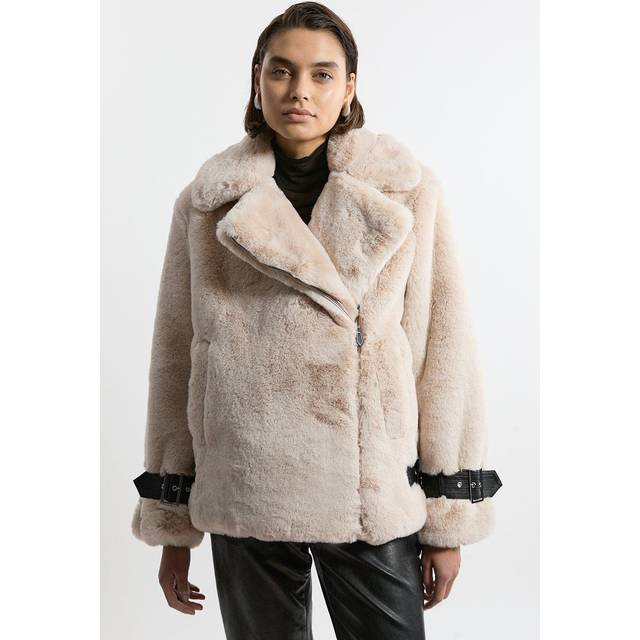 Faux Fur Biker Coat - Cream
