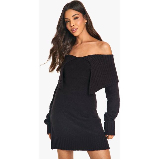 Womens Soft Knit Oversized Collar Off The Shoulder Jumper Dress - Black - L
