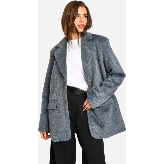 Womens Belted Wool Look Coat - Grey - 12, Grey