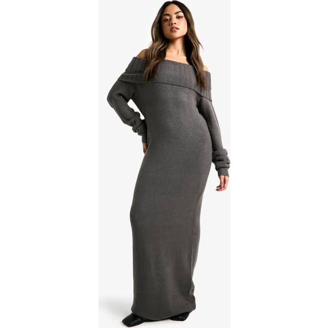 Womens Premium Oversized Bardot Neckline Maxi Jumper Dress - Grey - L
