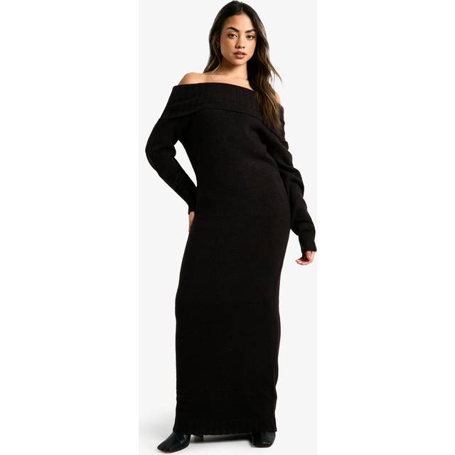 Womens Premium Oversized Bardot Neckline Maxi Jumper Dress - Black - M