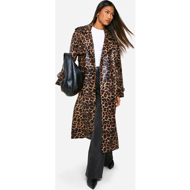 Womens Leopard Faux Leather Trench Coat - Multi - 8