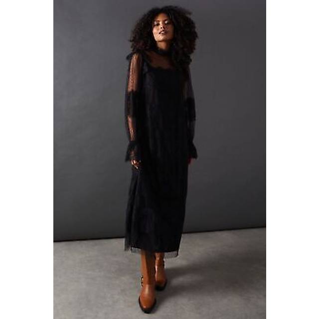 Warehouse Womens Lace Dobby Ruffle Neck Midi Smock Dress - Black - Size 10 UK