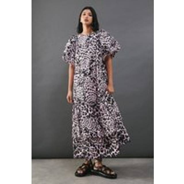 Warehouse Womens Poplin Leopard Print Volume Sleeve Scallop Detail Smock Dress - Pink - Size 12 UK