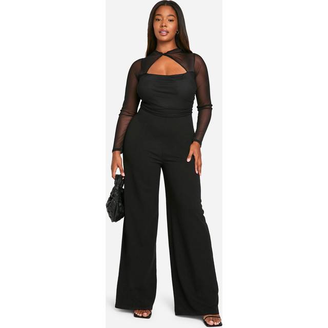 Womens Plus Mesh Twist Detail Wide Leg Jumpsuit - Black - 28
