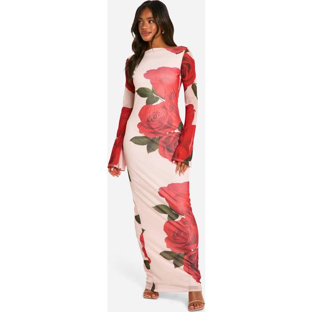 Womens Slash Neck Rose Mesh Print Flare Sleeve Maxi Dress - Red - 10, Red
