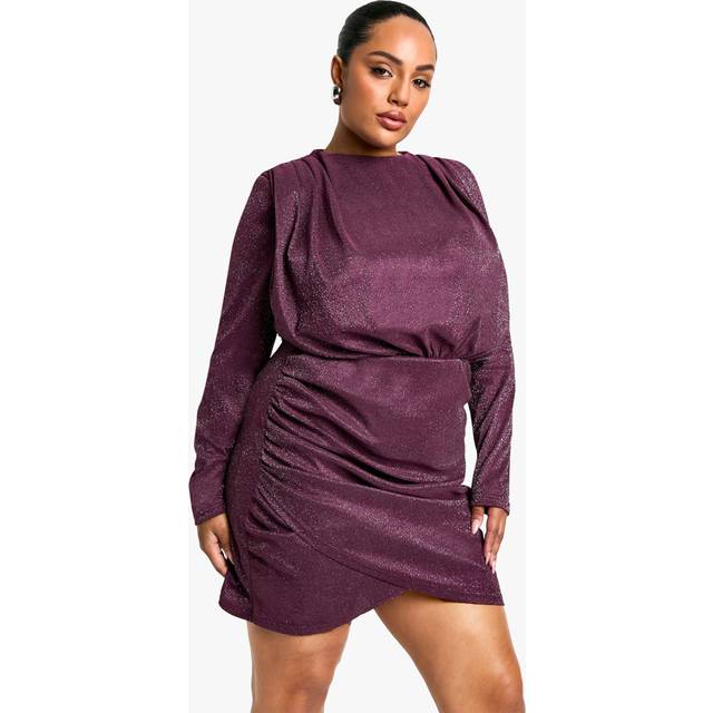 Womens Plus Shoulder Pad Ruched Glitter Dress - Purple - 26, Purple