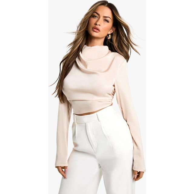 Womens Satin Cowl High Neck Long Sleeve Blouse - Beige - 12