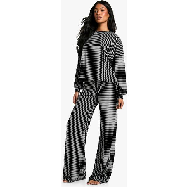 Womens Tall Loungewear Stripe Long Sleeve Top & Trousers Pyjama Set - Black - 14