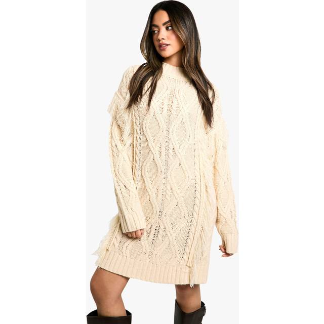 Womens Tassel Knitted Cable Mini Jumper Dress - Beige - L, Beige