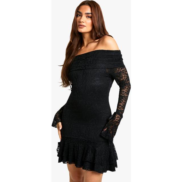 Womens Lace Off Shoulder Flare Sleeve Mini Dress - Black - 12