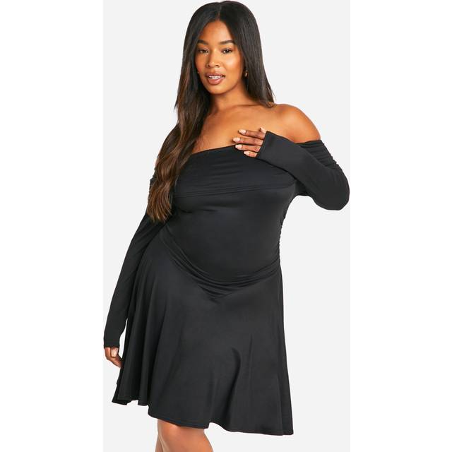Womens Plus Off Shoulder Long Sleeve Skater Dress - Black - 24