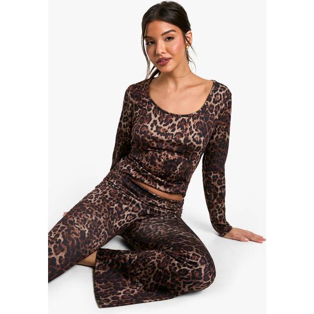 Womens Loungewear Leopard Print Scoop Neck Long Sleeve Top - Multi - 14, Multi
