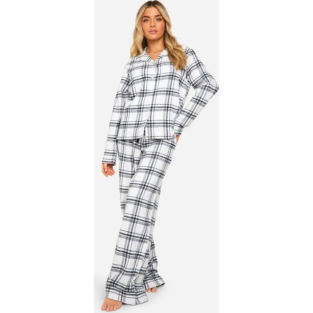 Womens Christmas Soft Touch Check Long Sleeve Shirt & Trousers Pyjama Set - White - 12, White