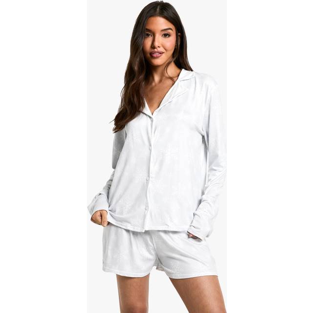 Womens Christmas Snowflake Print long Sleeve Short PJ Set - Grey - 12
