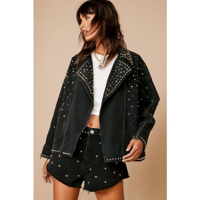 Nastygal Womens Premium Embellished Studded Denim Biker Jacket - Black viscose - Size Large