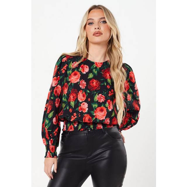 Womens Petite Red Rose Shirred Hem Long Sleeve Blouse - 8