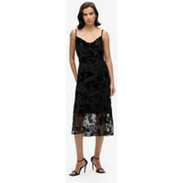 Superdry Lace Cowl Midi Slip Dress - Black, Black, Size 16, Women