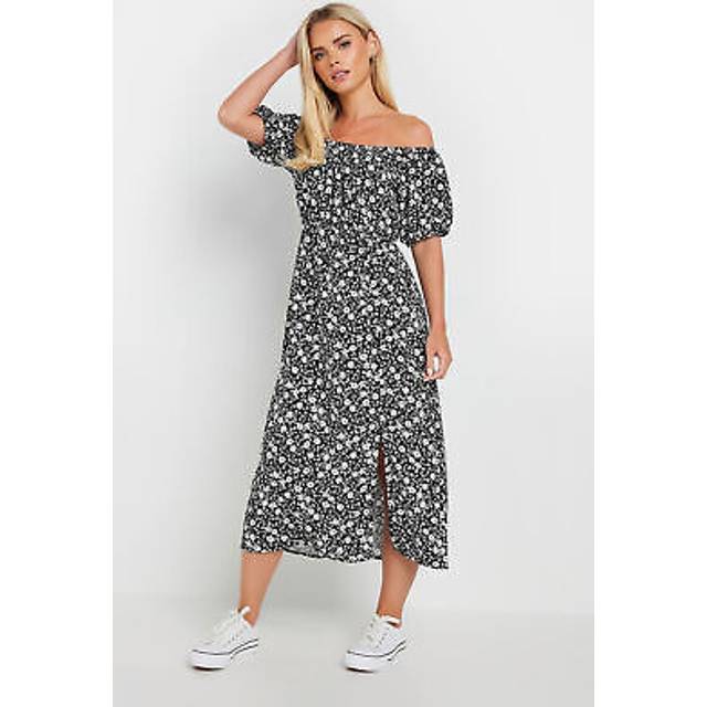 M&Co Petite Black & White Floral Print Bardot Split Hem Midi Dress 12 M&Co Petites