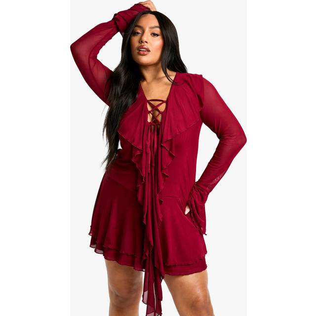 Womens Plus Mesh Ruffle Lace Up Skater Dress - Red - 24, Red