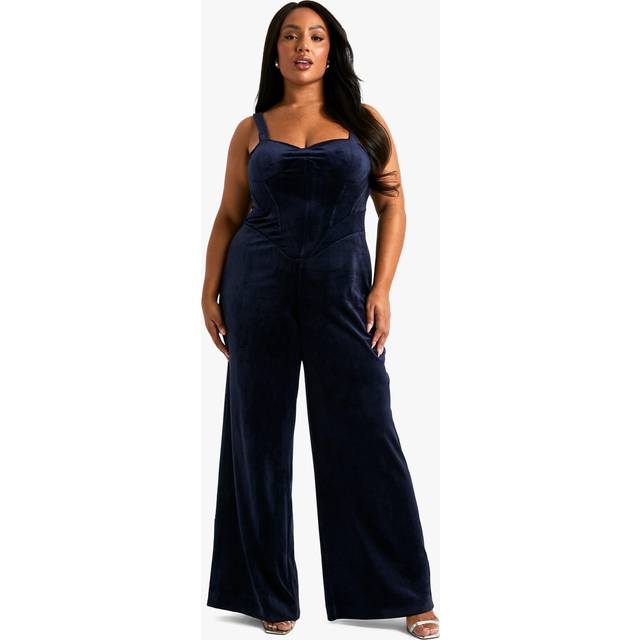 Womens Plus Velvet Corset Wide Leg Jumpsuit - Navy - 20, Navy